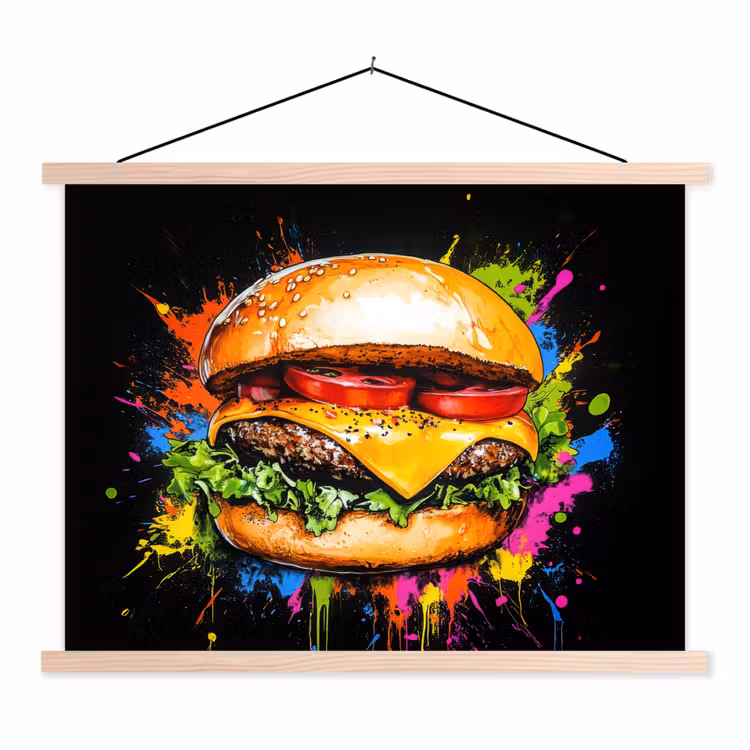 Hamburger - Graffiti - Verf - Kleurrijk - Eten - Abstract textielposter latten blank klein -3d