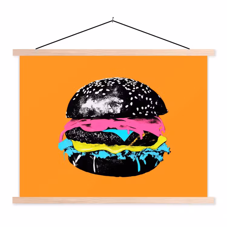 Hamburger - Oranje - Neon - popart textielposter latten blank klein -3d