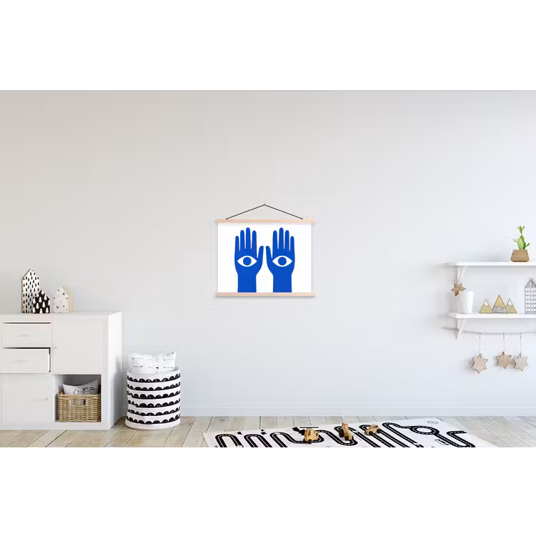 Handen - Twee - Ogen - Blauw textielposter latten blank klein -kinderkamer