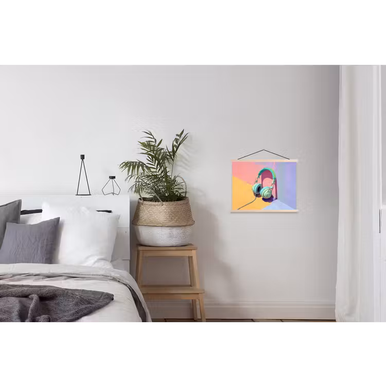 Koptelefoon - Mintgroen - Draad textielposter latten blank klein -woonkamer
