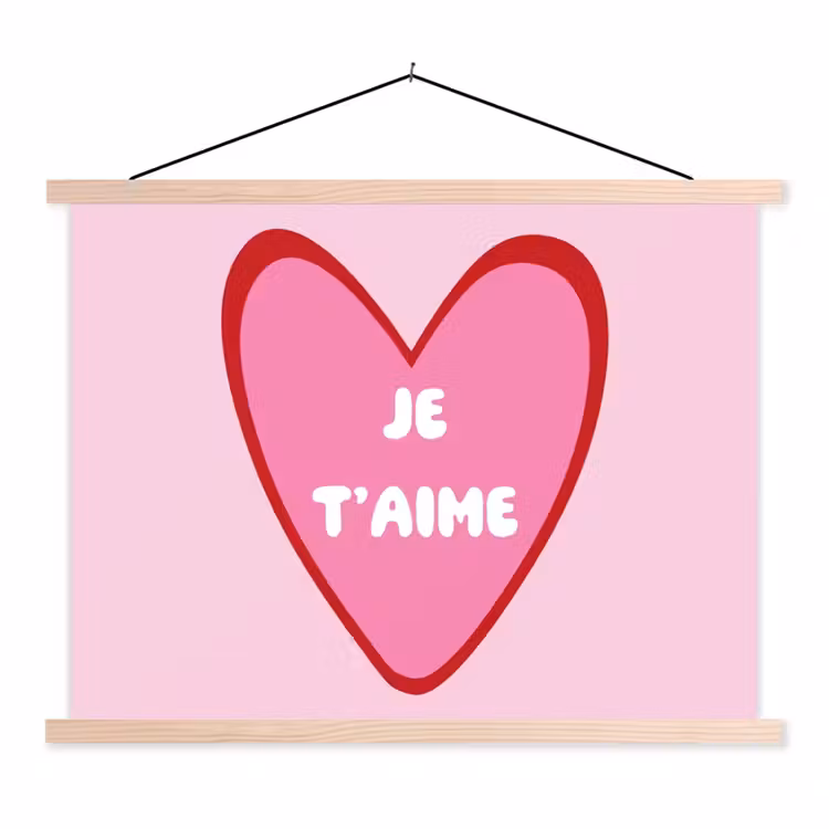 Hart - Frans - Valentijn - Roze textielposter latten blank klein -3d
