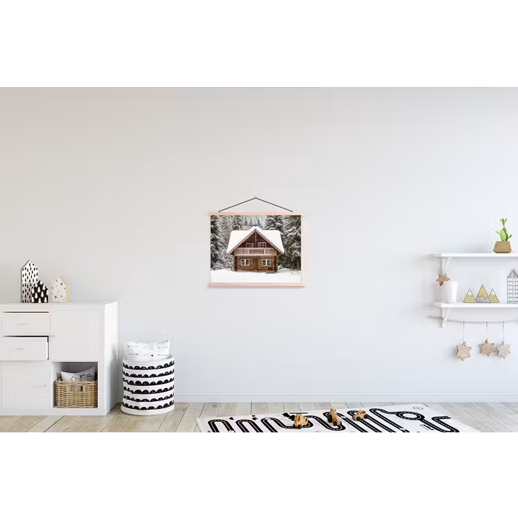 Huis - Bos - Winter - Natuur - Sneeuw textielposter latten blank klein -kinderkamer