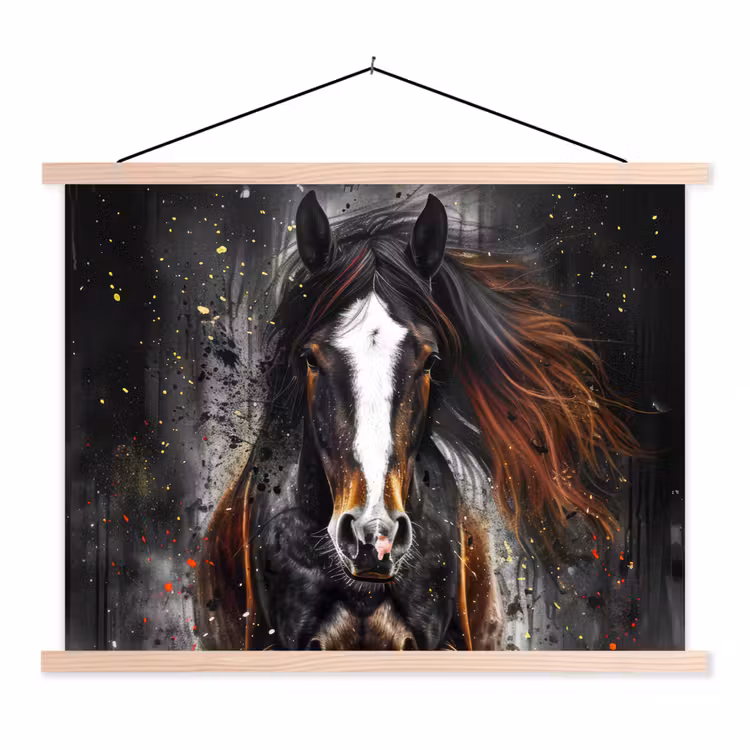 Paard - Dieren - Zwart - Luxe - Modern textielposter latten blank klein -3d