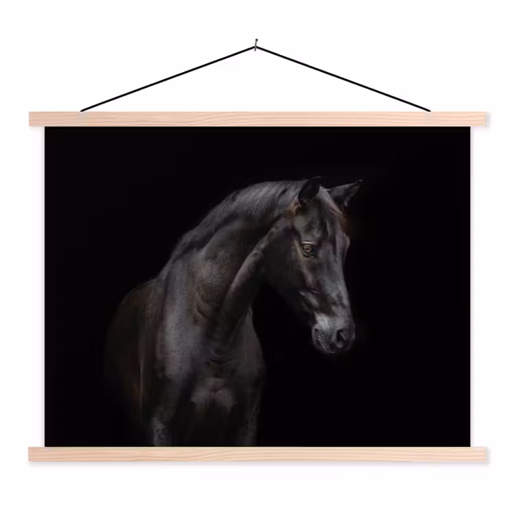 Paard - Dieren - Zwart - Portret textielposter latten blank klein -3d