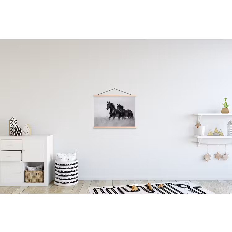 Paarden - Gras - Zwart - Wit textielposter latten blank klein -kinderkamer