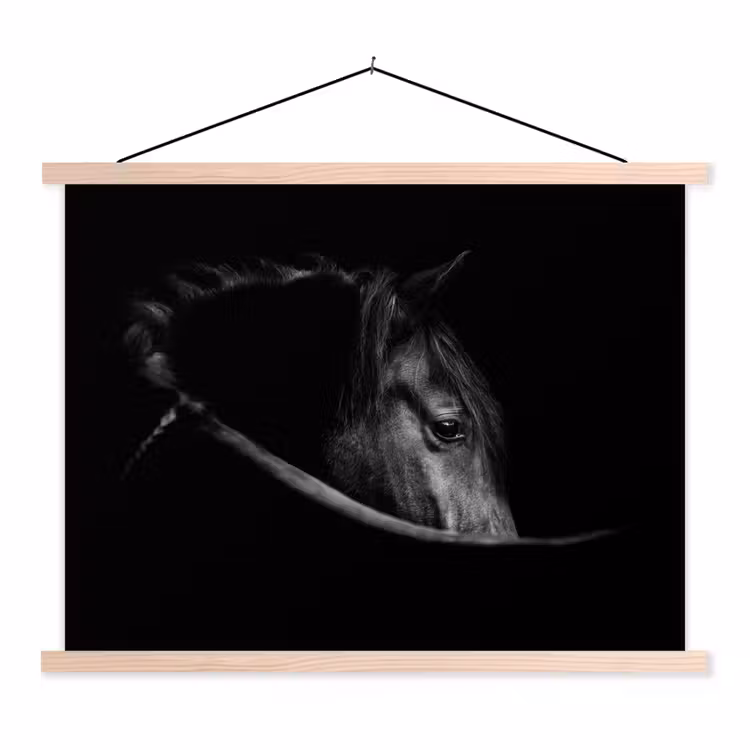 Paarden - Portret - Zwart - Dieren textielposter latten blank klein -3d