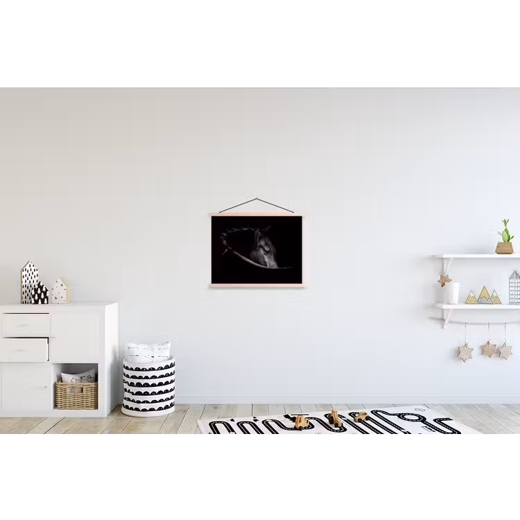 Paarden - Portret - Zwart - Dieren textielposter latten blank klein -kinderkamer