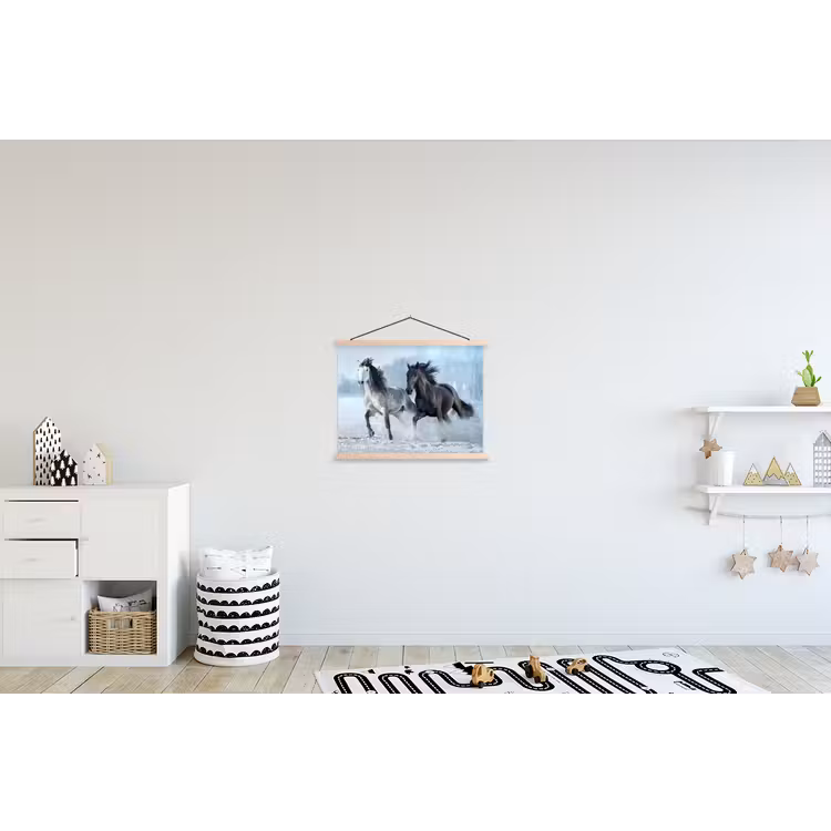 Paarden - Winter - Dieren - Natuur - Sneeuw textielposter latten blank klein -kinderkamer
