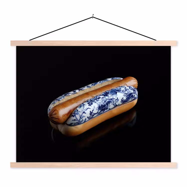 Hotdog - Porselein - Delfts blauw - Eten textielposter latten blank klein -3d