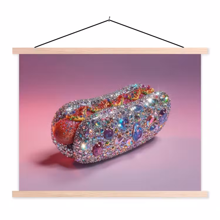 Hotdog - Steentjes - Glitters - Paars textielposter latten blank klein -3d
