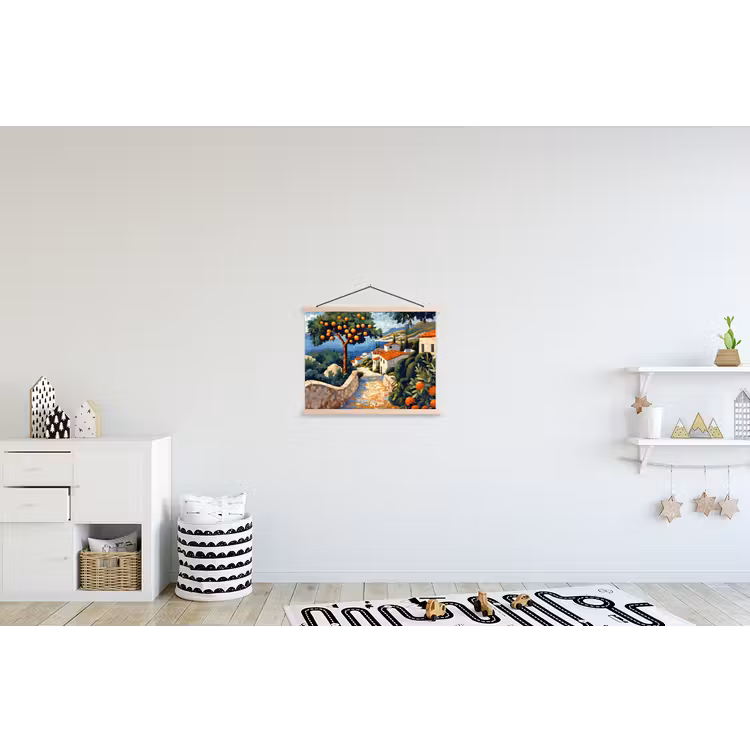 Huizen - Mozaïek - Sinaasappelbomen - Zee textielposter latten blank klein -kinderkamer