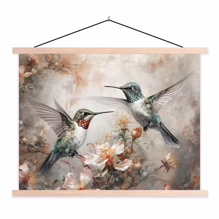 Kolibrie - Vogels - Bloemen - Planten textielposter latten blank klein -3d