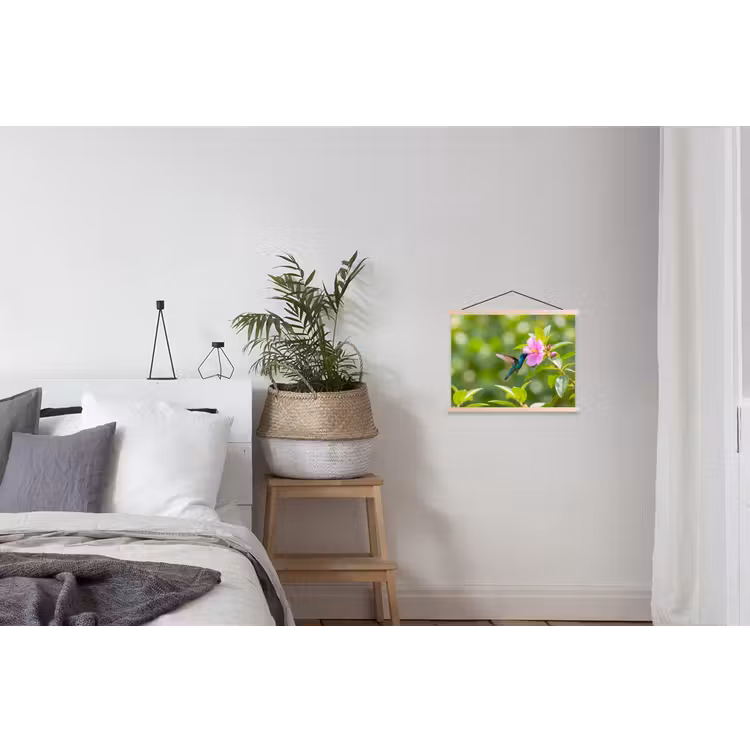 Kolibrie - Bloem - Natuur - Groen textielposter latten blank klein -woonkamer