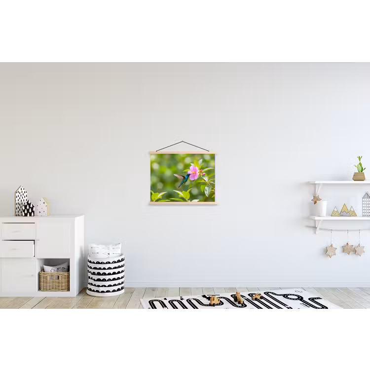 Kolibrie - Bloem - Natuur - Groen textielposter latten blank klein -kinderkamer