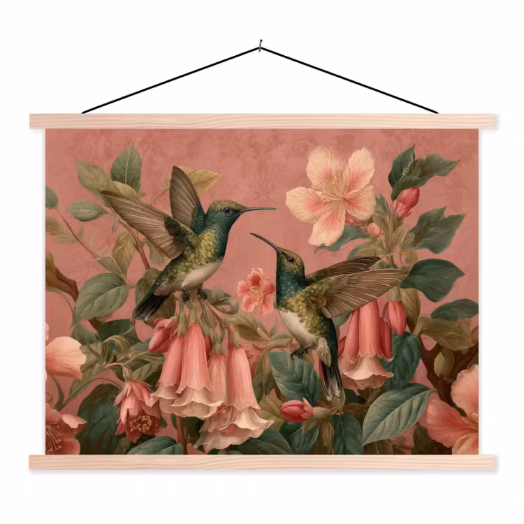 Kolibries - Bloemen - Groen - Roze textielposter latten blank klein -3d
