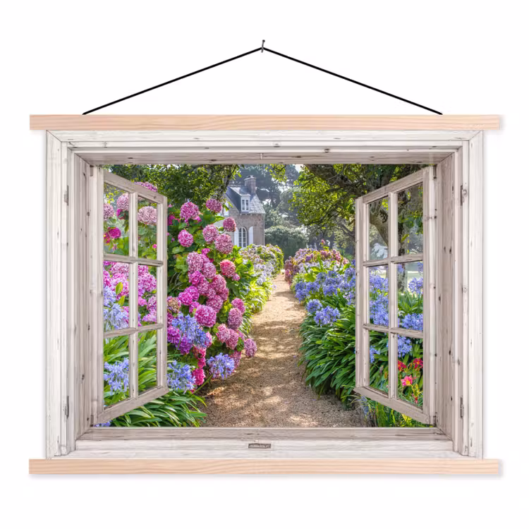 Hortensia - Doorkijk - Bloemen - Zomer - Paars - Pad textielposter latten blank klein -3d