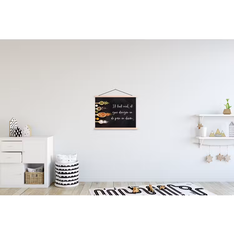 Ik gooi dingen in de pan en duim - Keuken - Quotes - Spreuken - Humor textielposter latten blank klein -kinderkamer