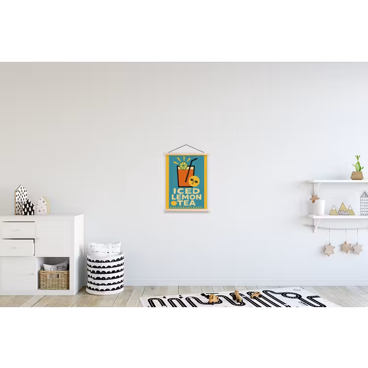 Ijsthee - Illustratie - Blauw - Citroen textielposter latten blank klein -kinderkamer