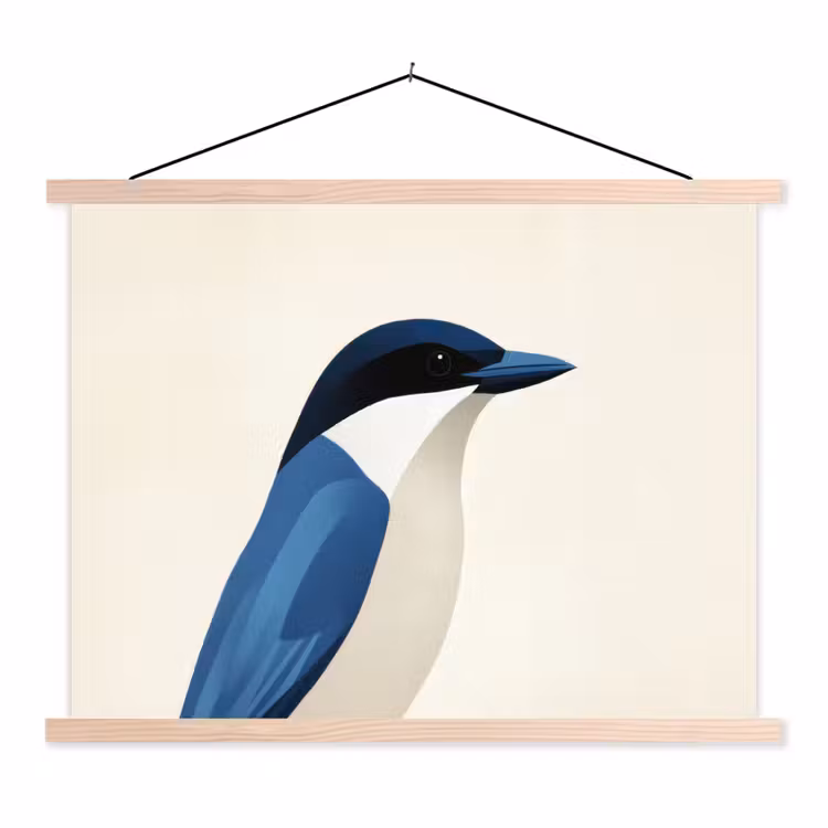 Illustratie - Blauw - Vogel textielposter latten blank klein -3d