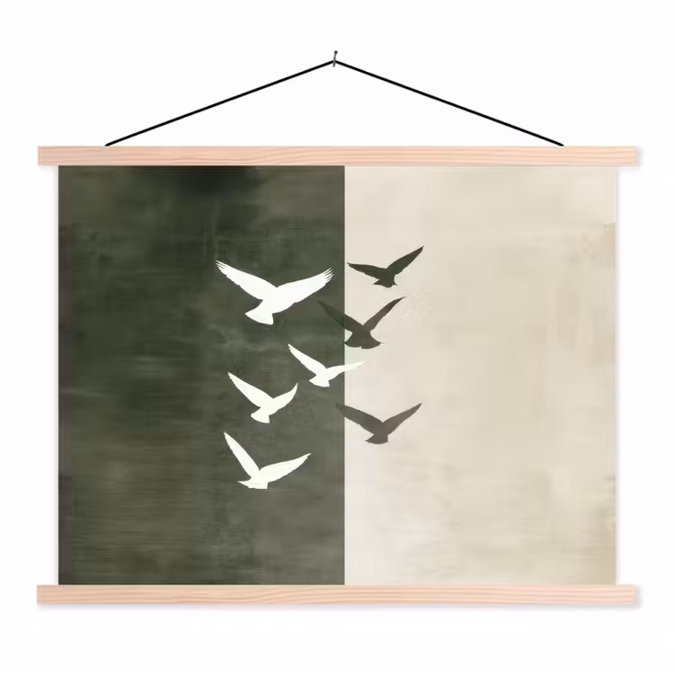 Japandi - Vogel - Groen textielposter latten blank klein -3d