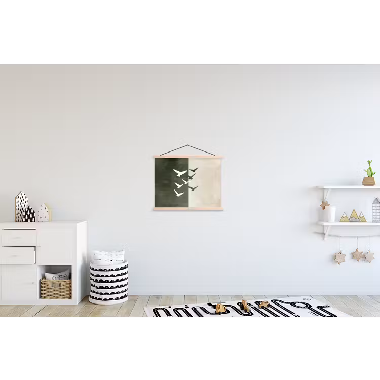 Japandi - Vogel - Groen textielposter latten blank klein -kinderkamer