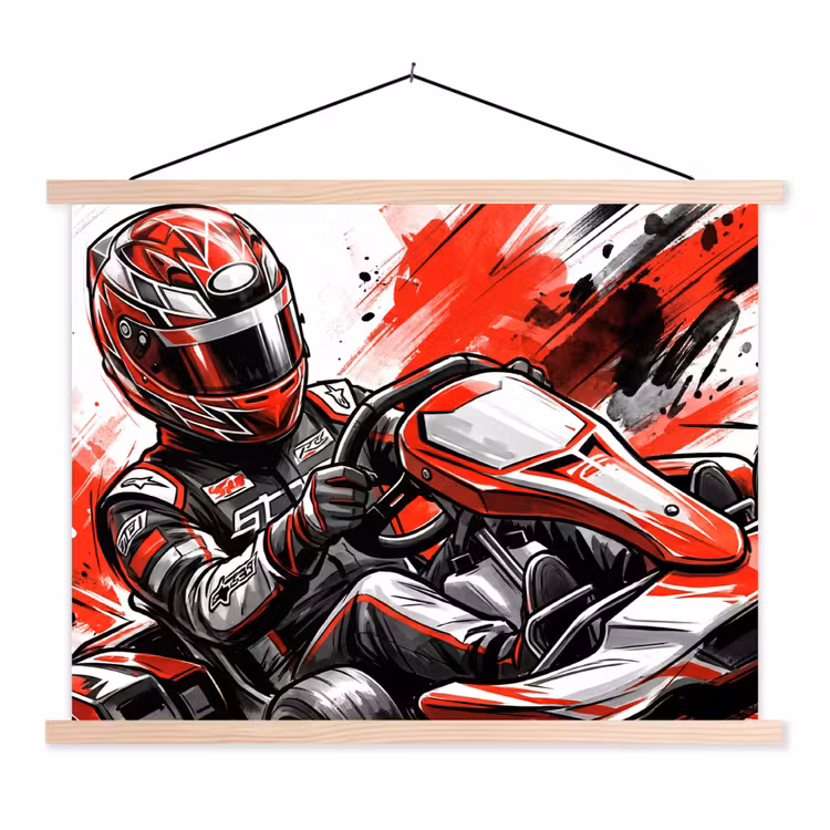Kart - Coureur - Snelheid - Rood textielposter latten blank klein -3d