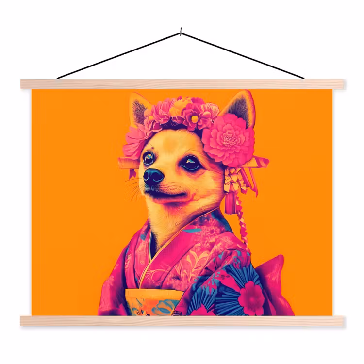 Kimono - Hondje - Bloemenkroon - Oranje textielposter latten blank klein -3d
