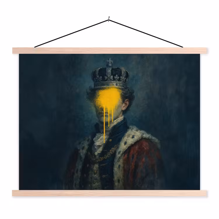 Koning - Portret - Druipende gele verf textielposter latten blank klein -3d