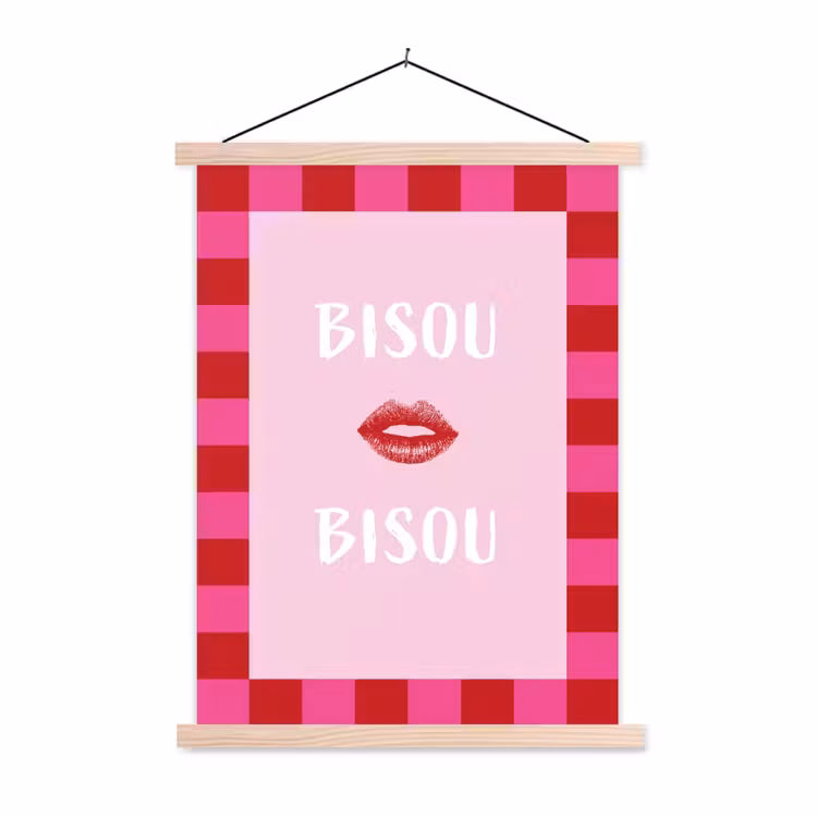 Kiss - Roze - Frans - Valentijn textielposter latten blank klein -3d