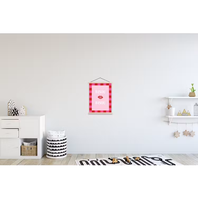 Kiss - Roze - Frans - Valentijn textielposter latten blank klein -kinderkamer