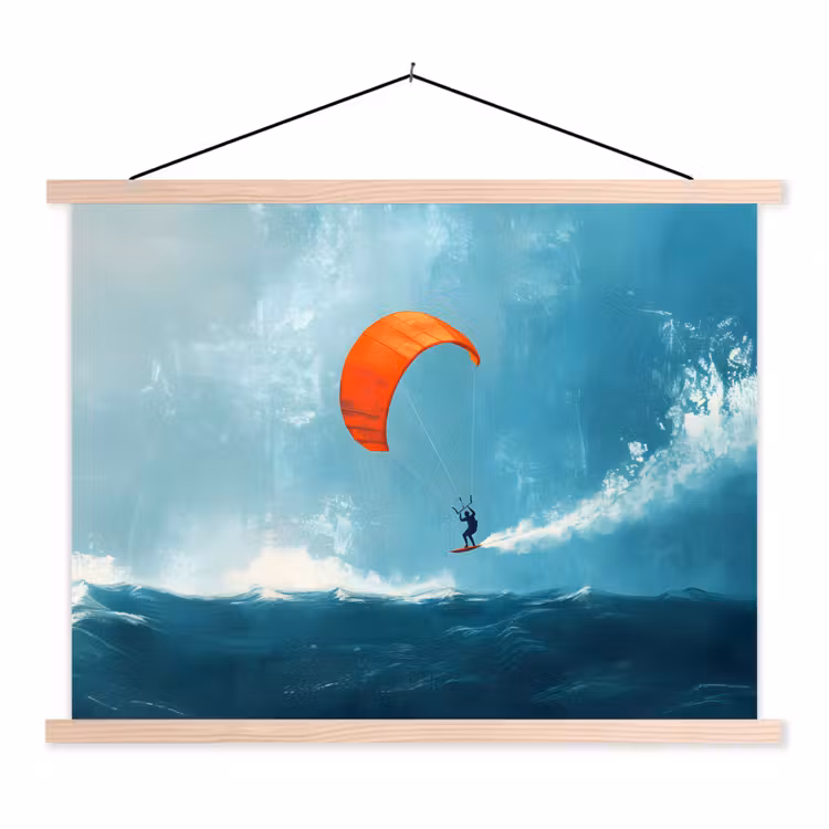 Kitesurfer - Oranje - Zee - Lucht textielposter latten blank klein -3d