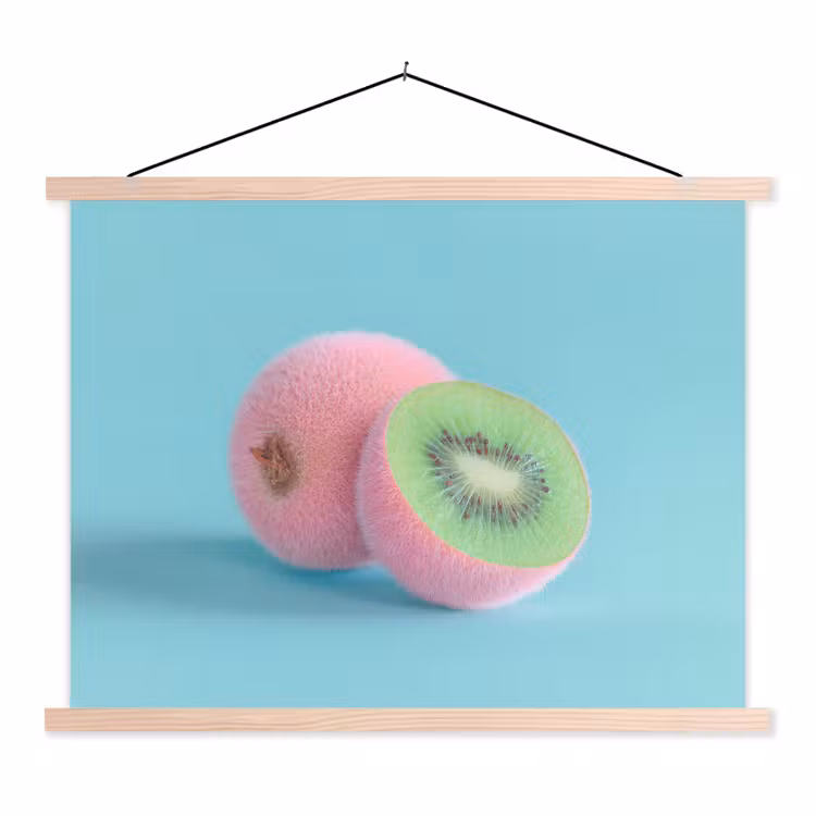 Kiwi - Blauw - Surrealistisch textielposter latten blank klein -3d
