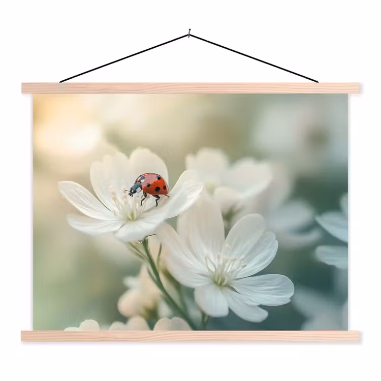 Lieveheersbeestje - Bloemen - Wit textielposter latten blank klein -3d
