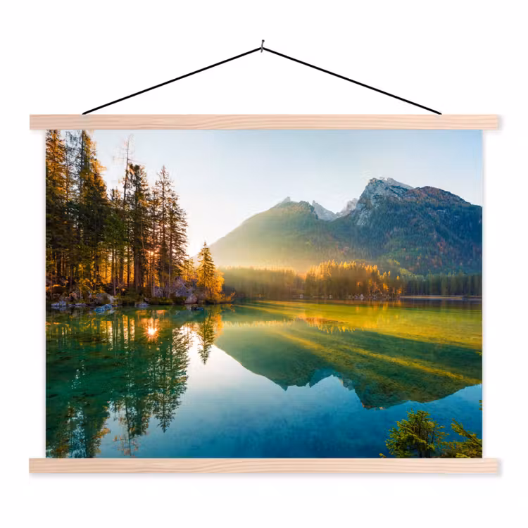 Meer - Bos - Bergen - Natuur - Zon - Landschap textielposter latten blank klein -3d