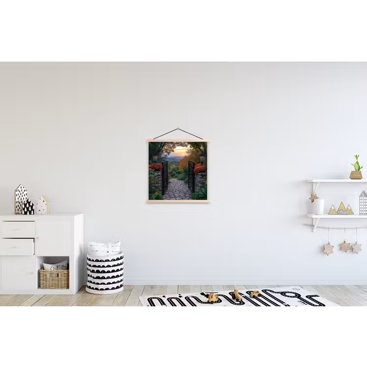 Landschap - Hek - Pad - Zonsondergang - Natuur textielposter latten blank klein -kinderkamer