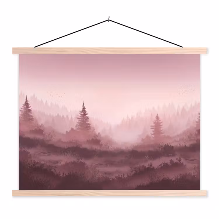 Landschap - Mistig - Roze textielposter latten blank klein -3d
