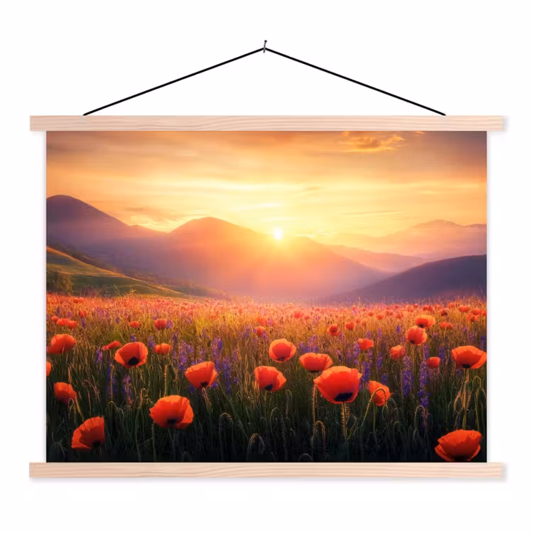 Landschap - Zonsondergang - Bloemenveld textielposter latten blank klein -3d