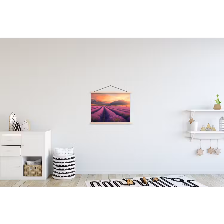 Lavendelveld - Zonsondergang - Paars textielposter latten blank klein -kinderkamer