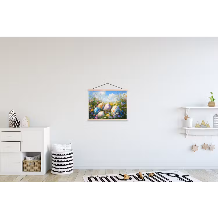 Grasveld - Eieren - Bloemen textielposter latten blank klein -kinderkamer