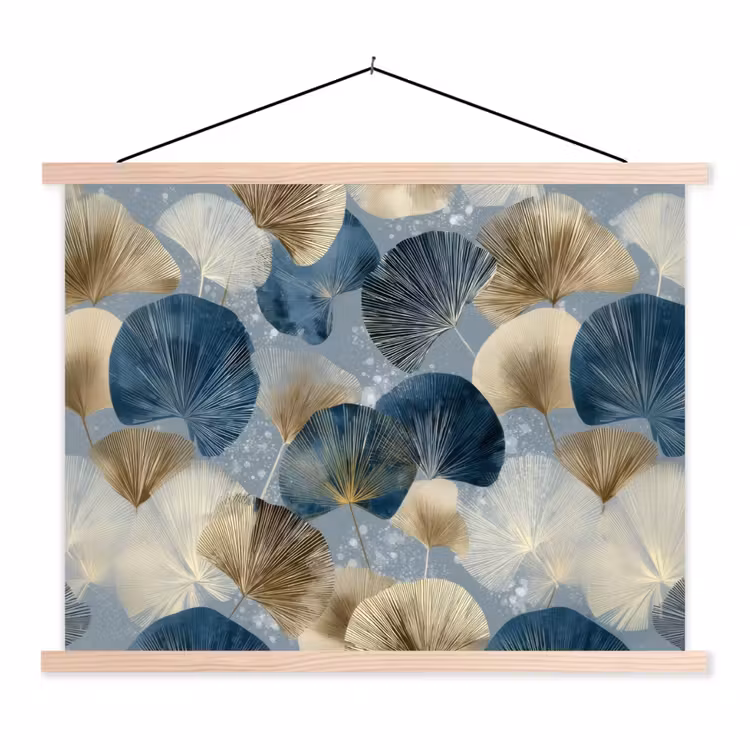 Bladeren - Abstract - Goud - Blauw textielposter latten blank klein -3d