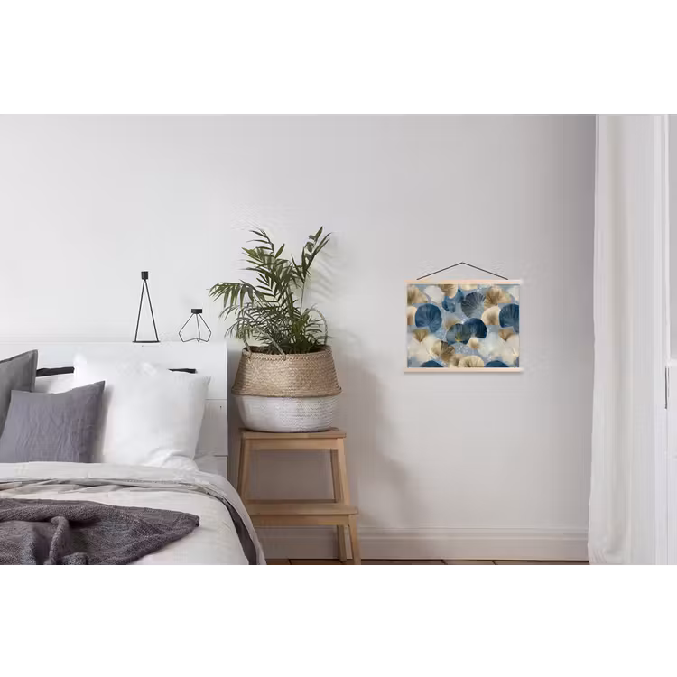 Bladeren - Abstract - Goud - Blauw textielposter latten blank klein -woonkamer