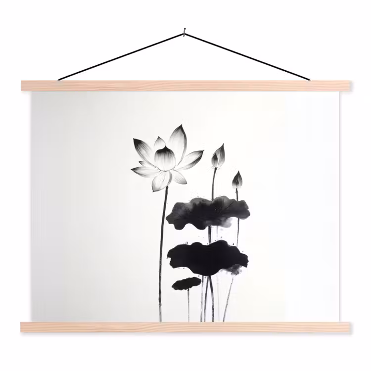Bladeren - Zwart - Lotusbloem - Minimalitisch textielposter latten blank klein -3d