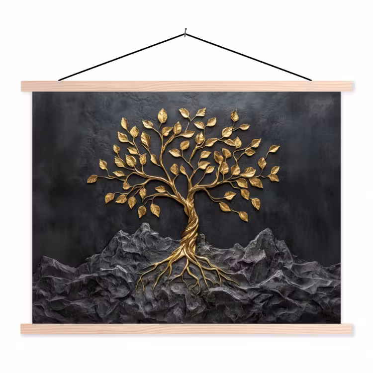 Bladeren - Goud - Boom - Rots textielposter latten blank klein -3d