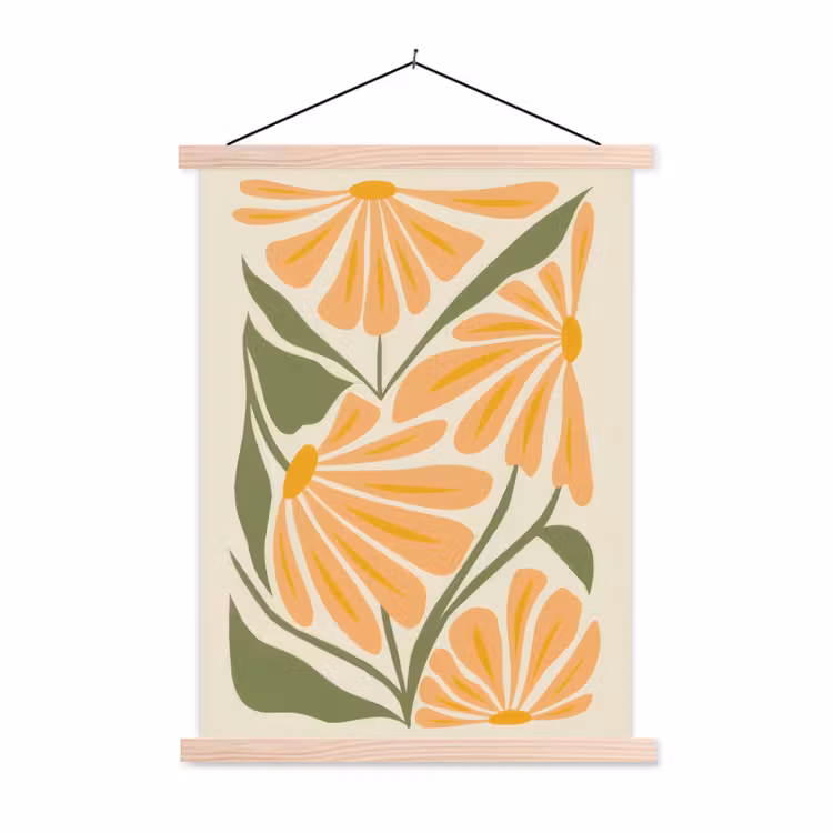 Blaadjes - Zachtoranje - Bloemen textielposter latten blank klein -3d