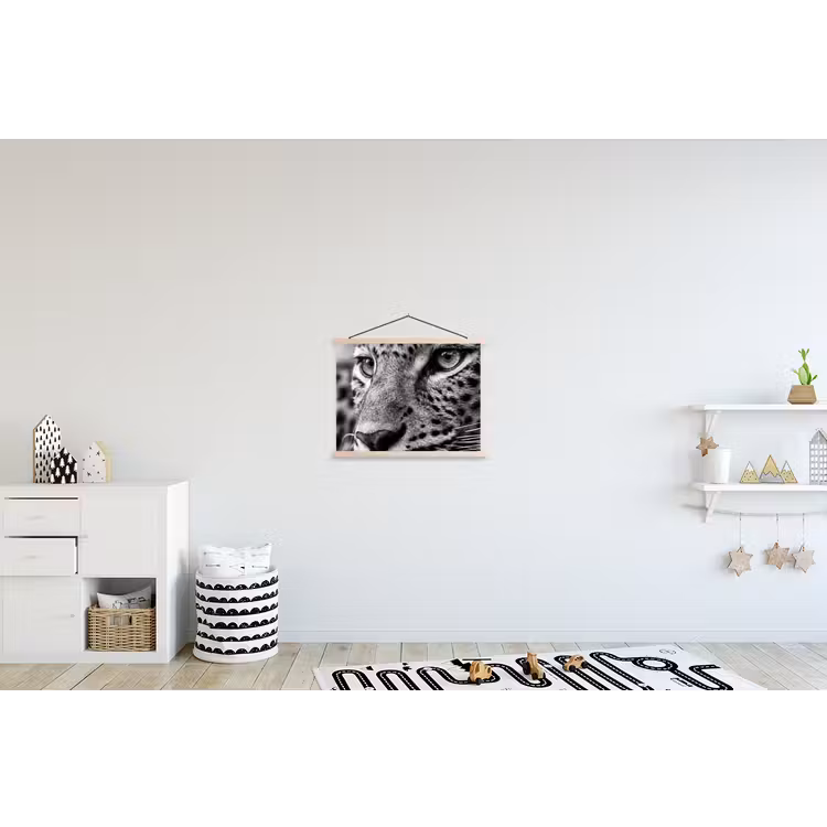 Luipaard - Zwart - Wit - Oog textielposter latten blank klein -kinderkamer