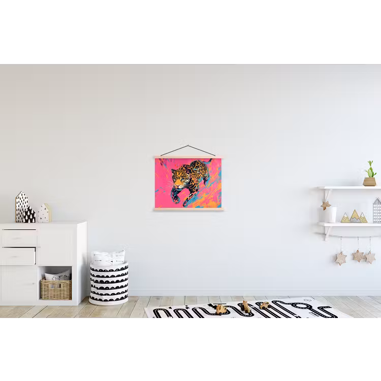 Luipaard - Roze - Oranje - Blauw - Verf textielposter latten blank klein -kinderkamer