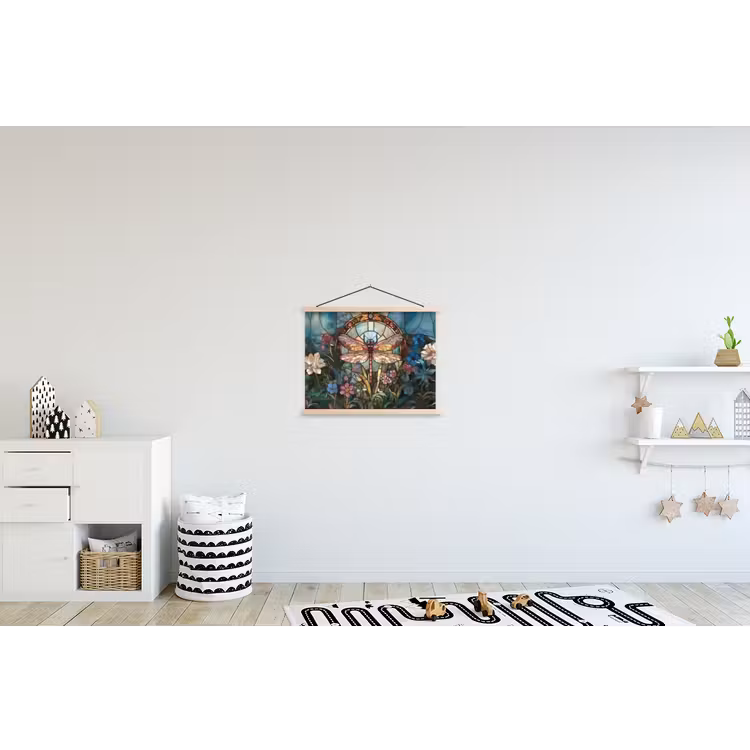 Libelle - Mozaïek - Bloemen - Kleurrijk textielposter latten blank klein -kinderkamer