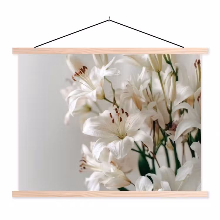 Lelies - Boekte - Wit - Meeldraden textielposter latten blank klein -3d