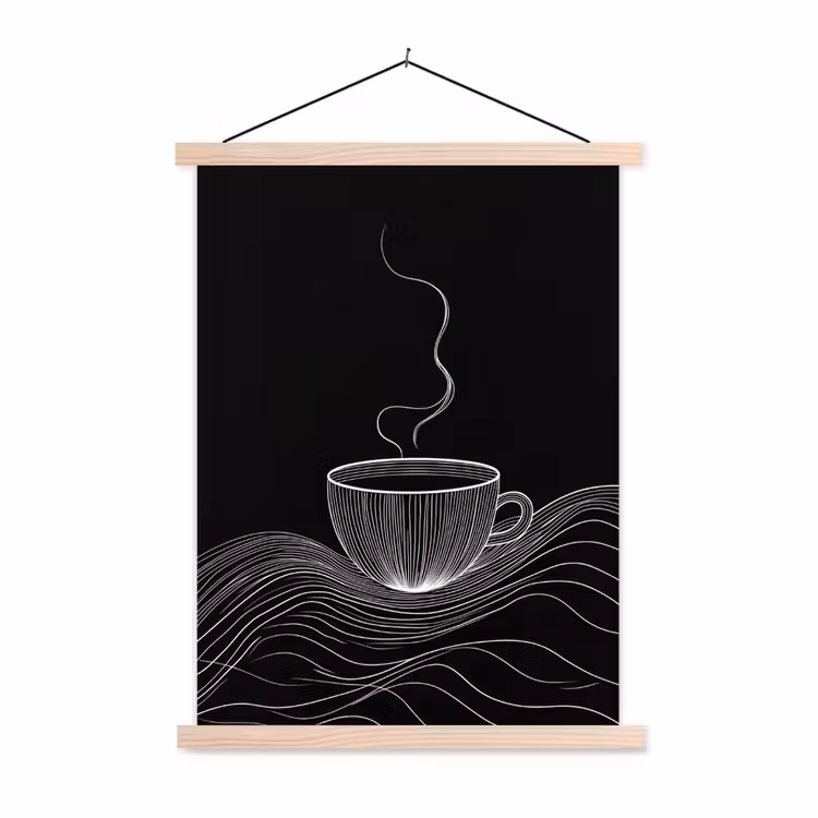 Lijntekening - Koffiekop - Zwart textielposter latten blank klein -3d