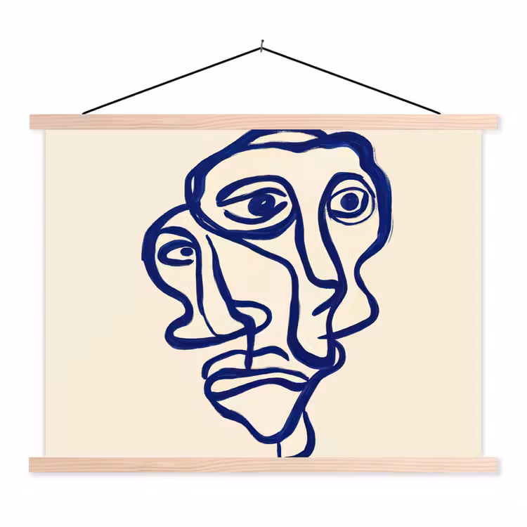 Lijntekening - Overlappende gezichten - Donkerblauw textielposter latten blank klein -3d
